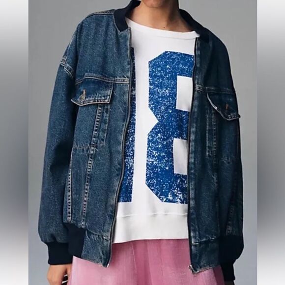 NWOT Free People Stadium Denim Jacket Blue Bomber Relaxed Fit Slouchy S Street - Picture 1 of 13